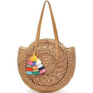 Khaki Straw‎ Bag Round Summer Straw Large Woven Beach Bag Purse For Women